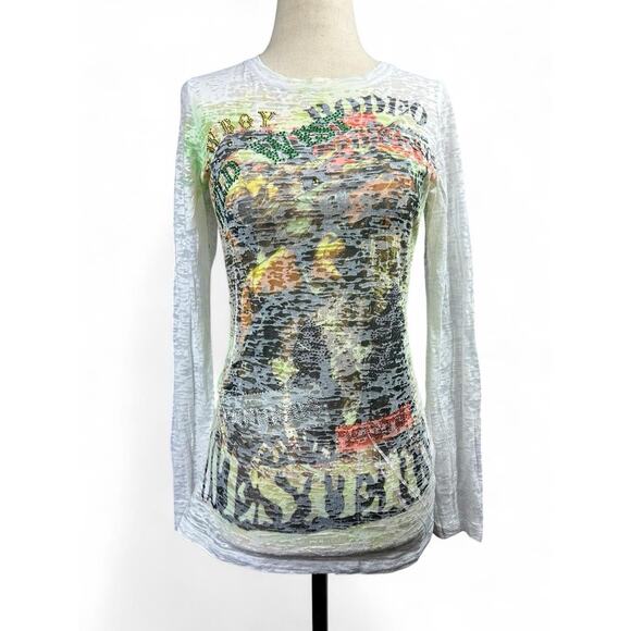 Vintage Y2K Western Grunge Shirt Size M All Over Graphics Sequins Quotes - Picture 1 of 8